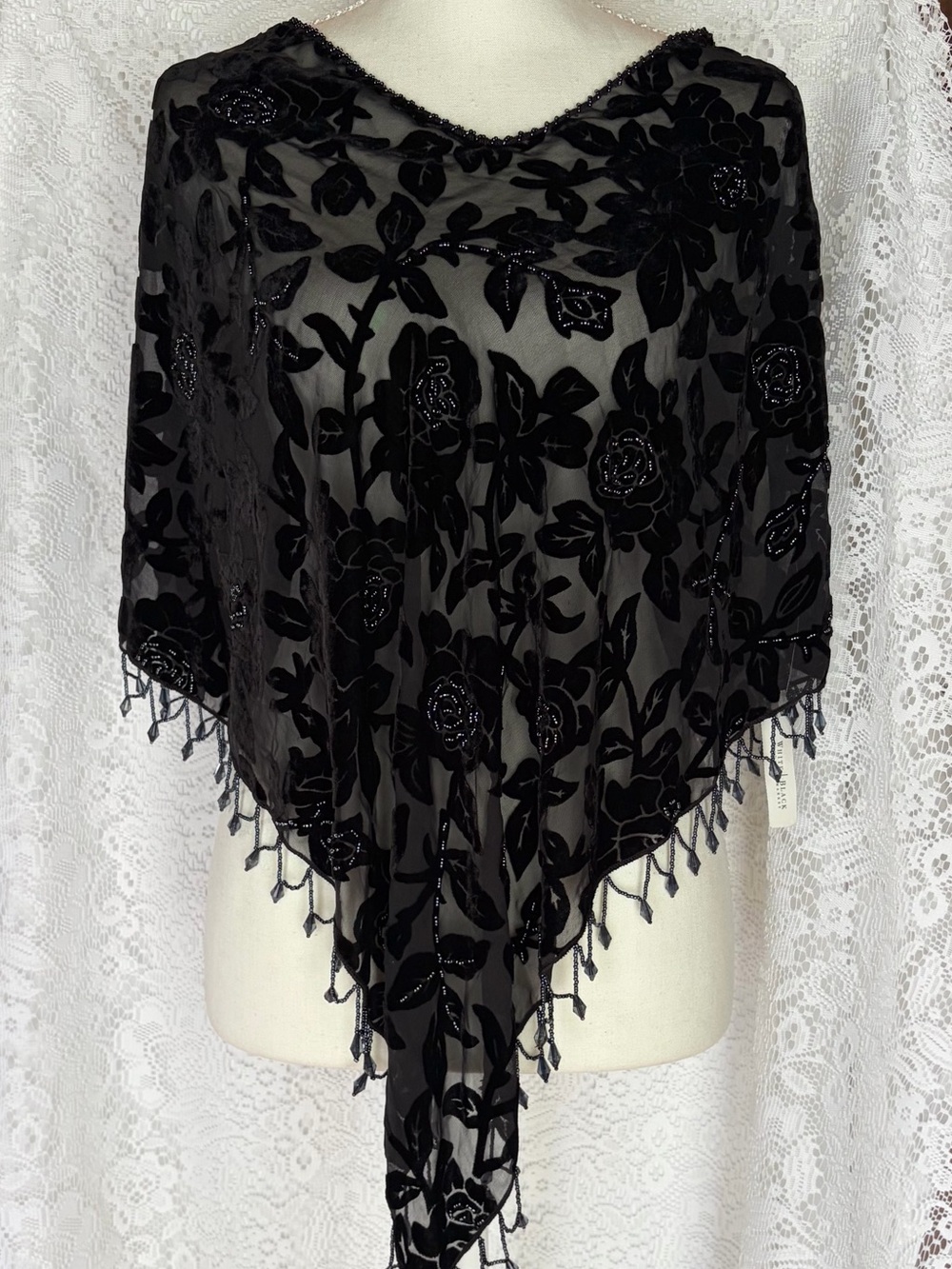 NWT Vintage Y2K White House Black Market Poncho Shawl Beaded Black Silk Floral